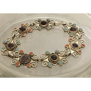 Vintage CEL Matl Style Mexican Sterling Amethyst/Turquoise/Coral Bracelet ME02